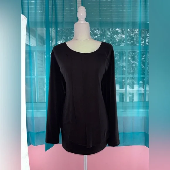 Susan Graver Classic Black Layered Pleated Front Long Sleeve Blouse Size XL - Picture 2 of 7